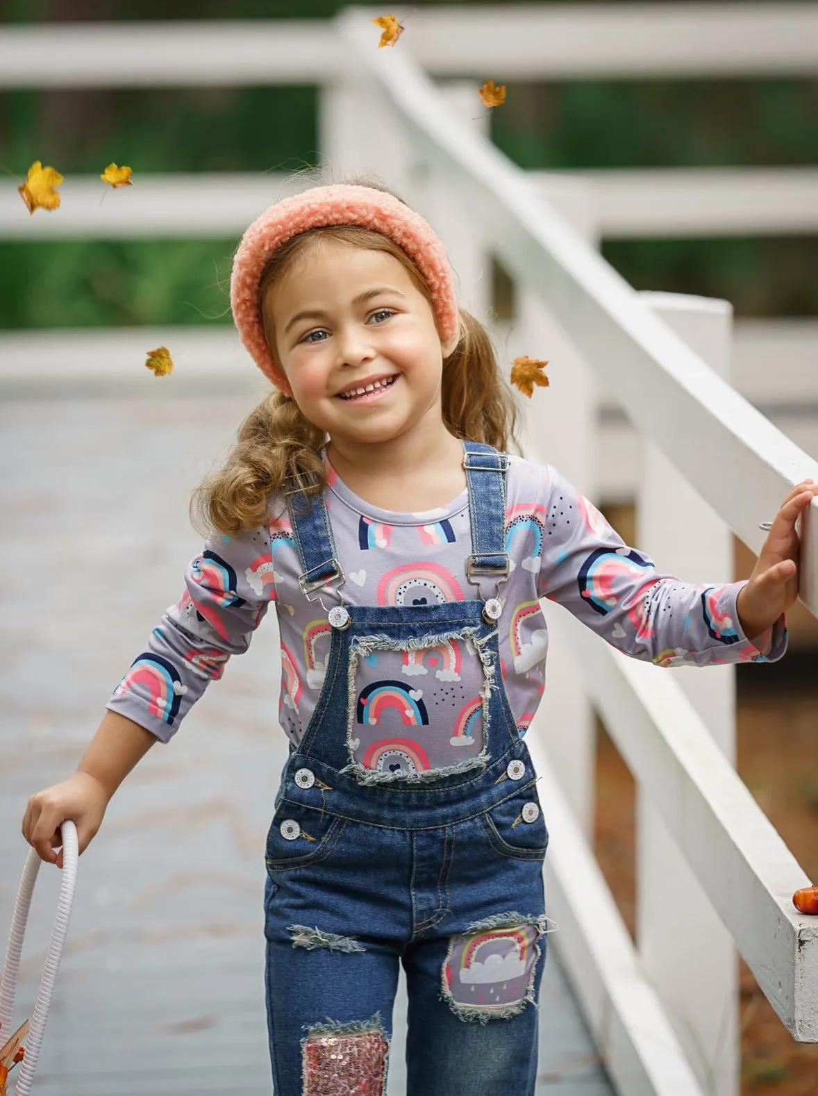 Girls Chase Rainbows Top and Denim Overall Set