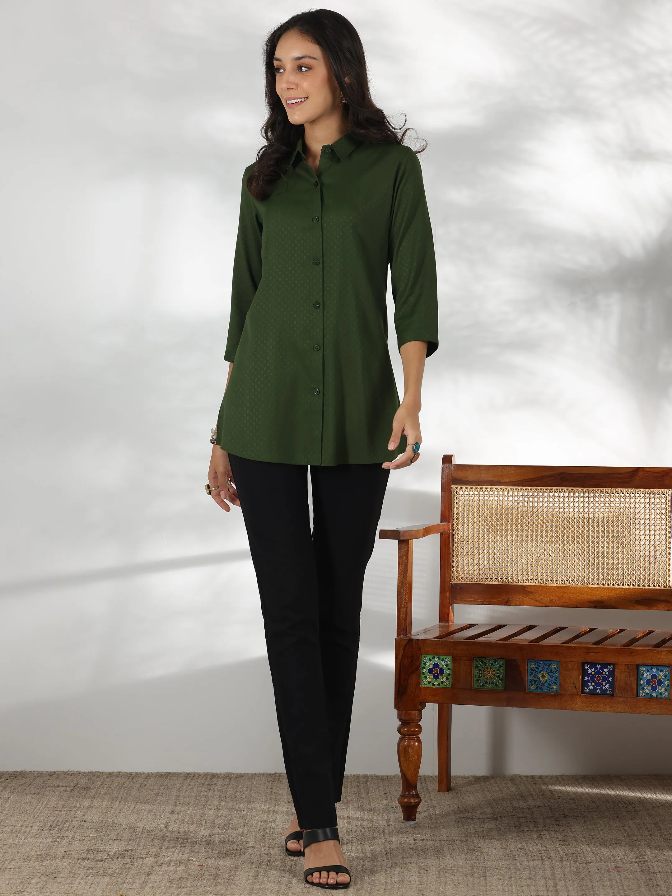 Green Self Design Rayon Straight Tunic