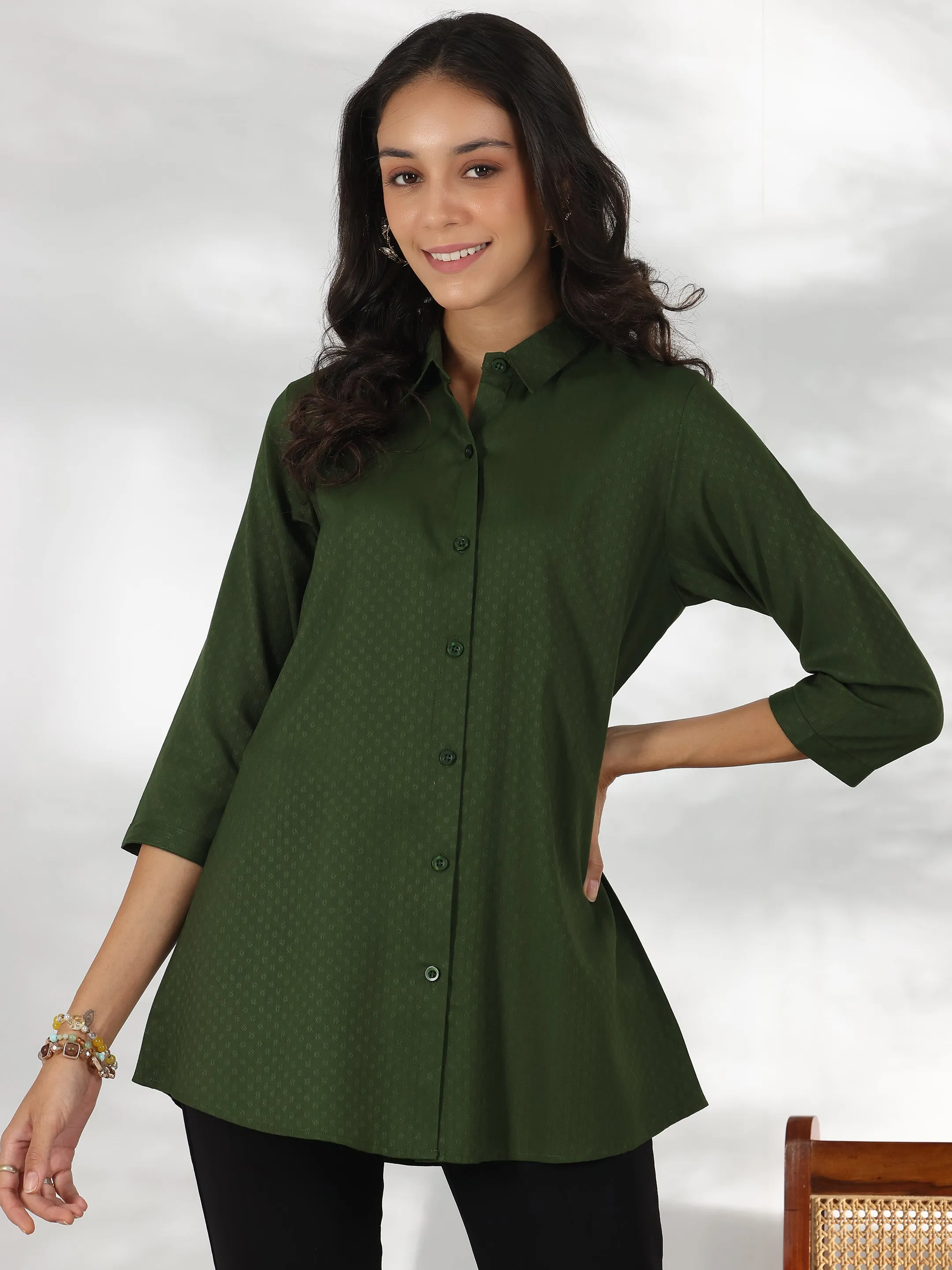 Green Self Design Rayon Straight Tunic