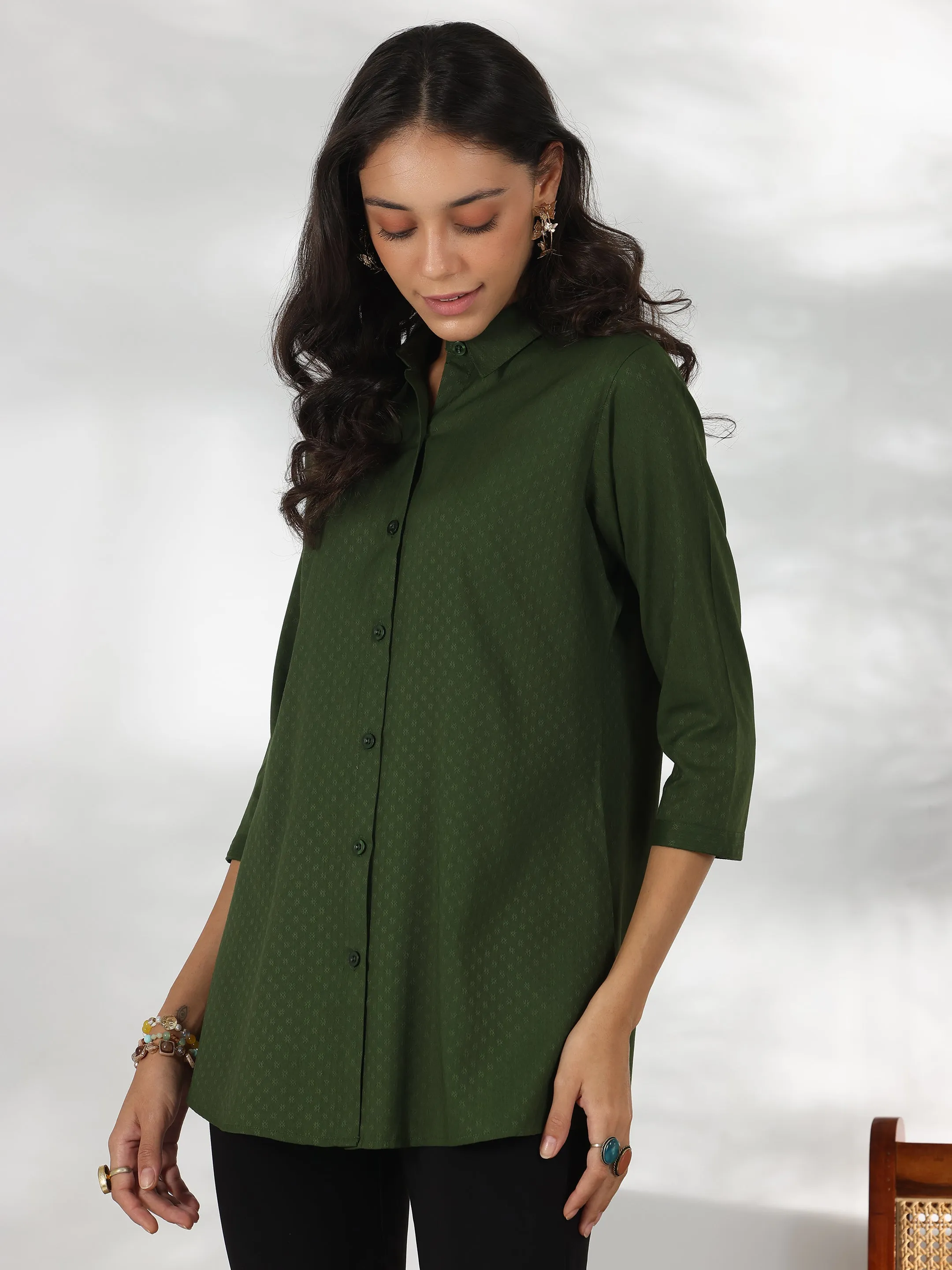 Green Self Design Rayon Straight Tunic