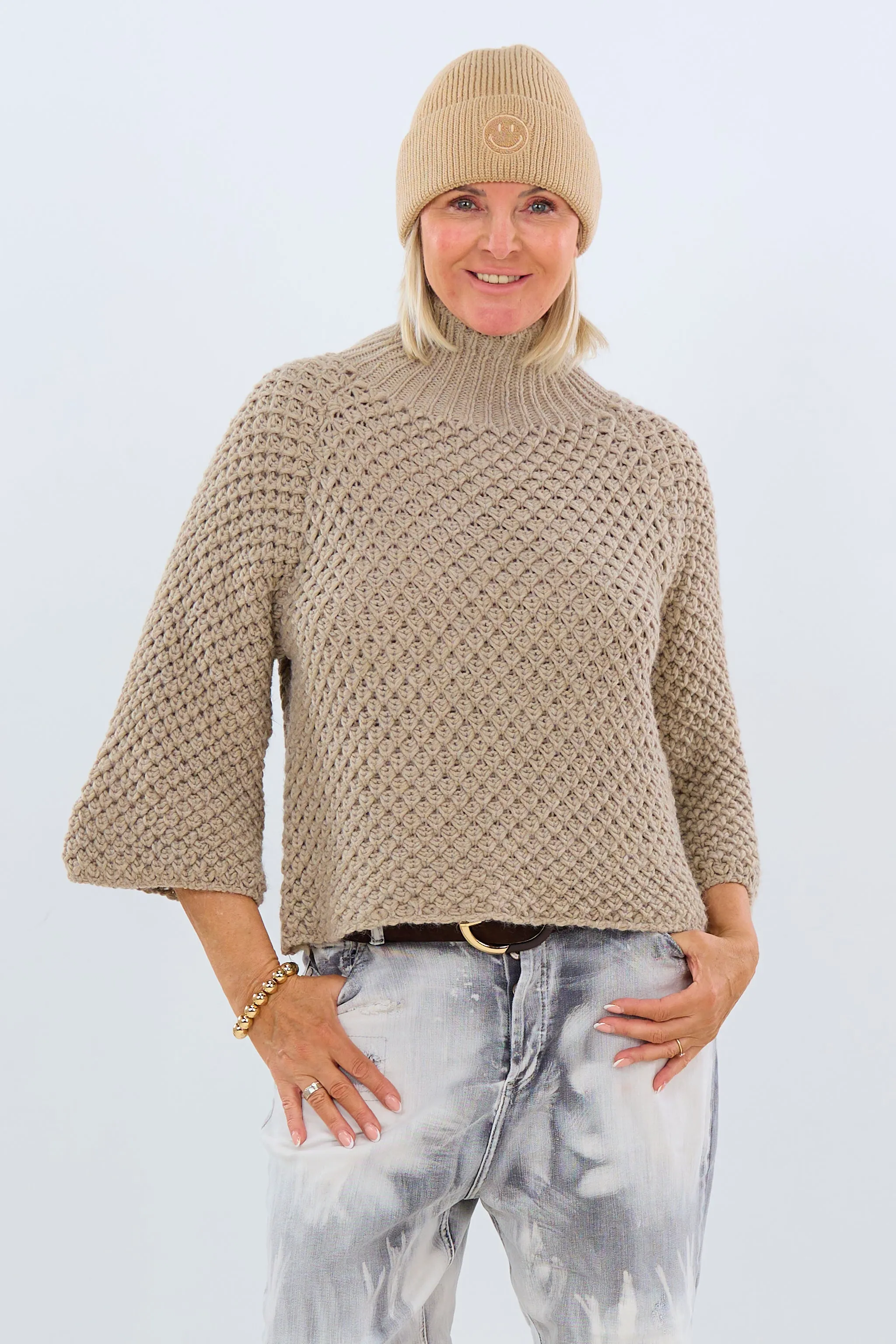 grobgestrickter Pullover mit Turtleneck, taupe