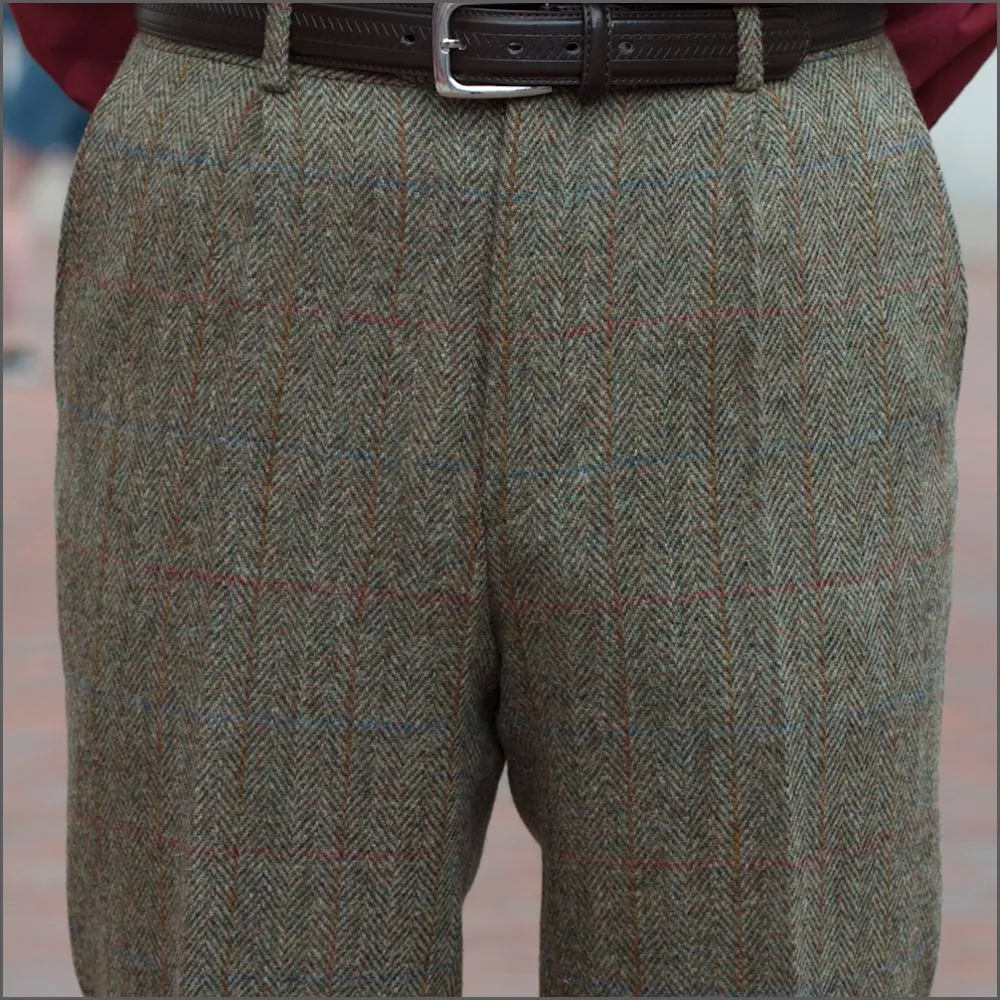 Harris Tweed Beige/Olive Herringbone Trousers--