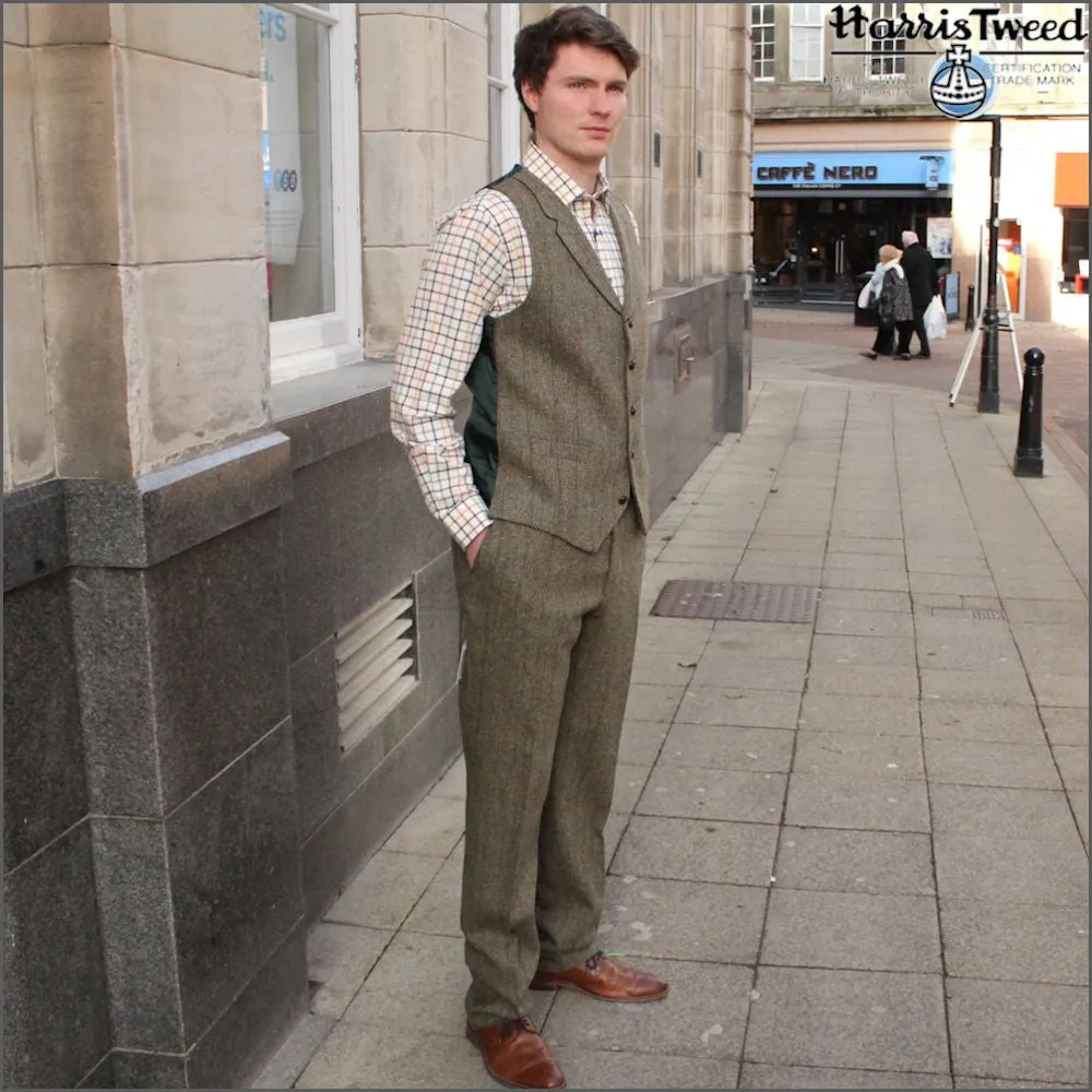 Harris Tweed Beige/Olive Herringbone Trousers--