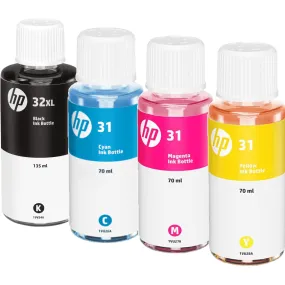 HP 32XL/31 Printer Liquid Ink Bottle High Yield Black Cyan Magenta Yellow Set