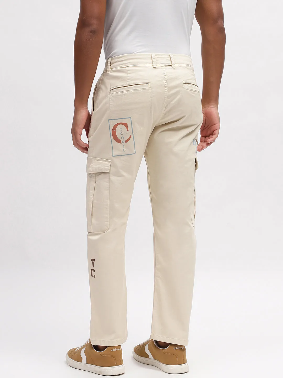 Iconic Men Beige Solid Relaxed Fit Trouser