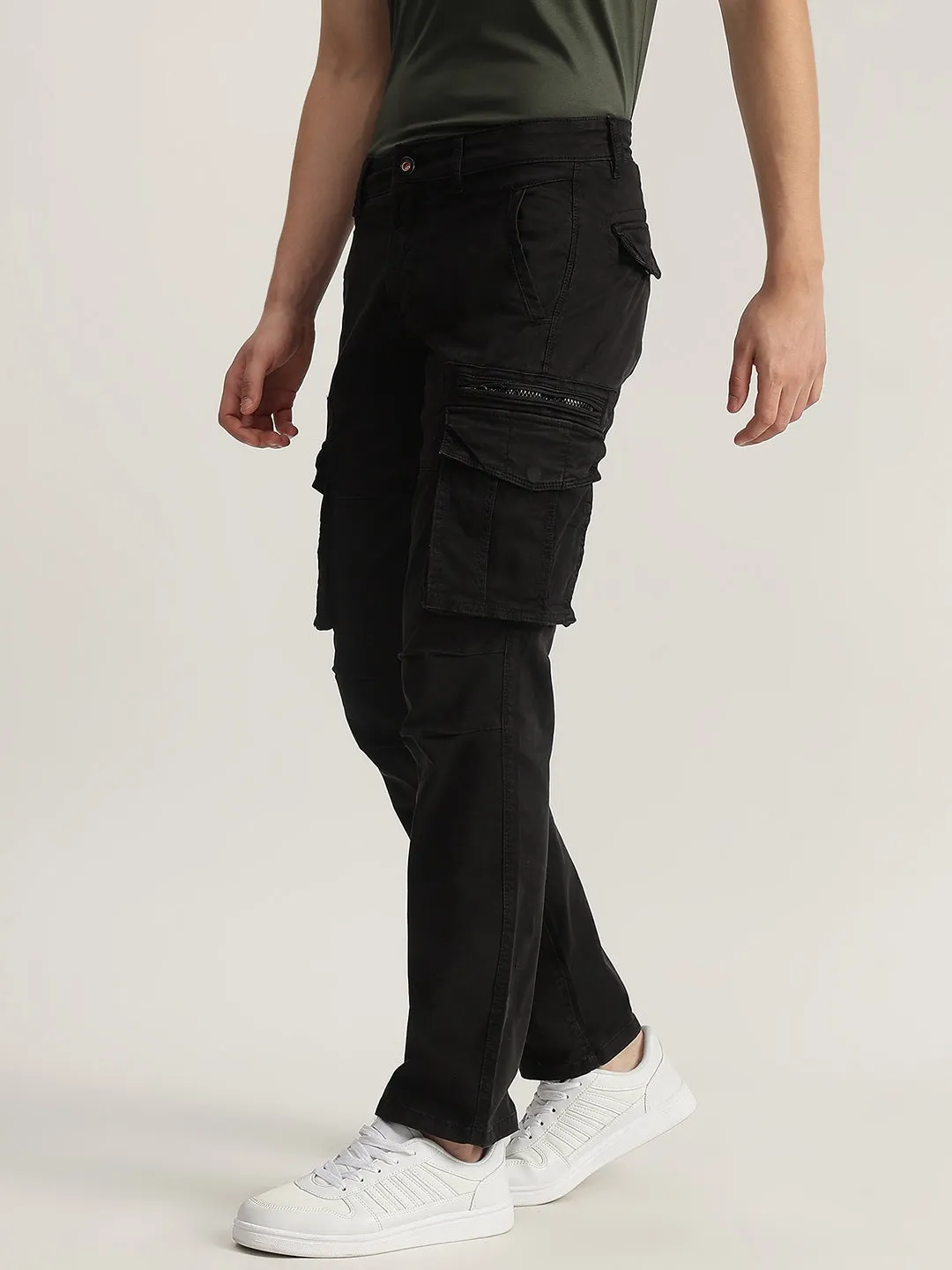 Iconic Men Black Solid Regular Fit Cargo Trouser