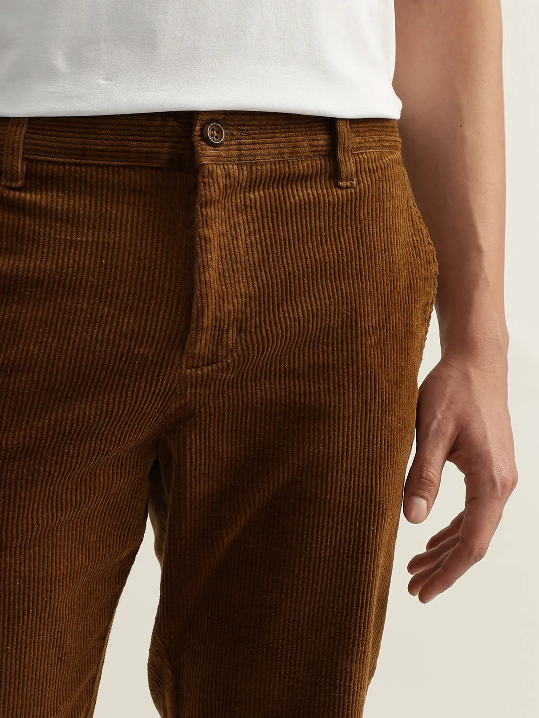 Iconic Men Brown Solid Regular Fit Corduroy Flat-Front Trouser