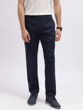 Iconic Men Navy Blue Solid Regular Fit Mid-Rise Trouser