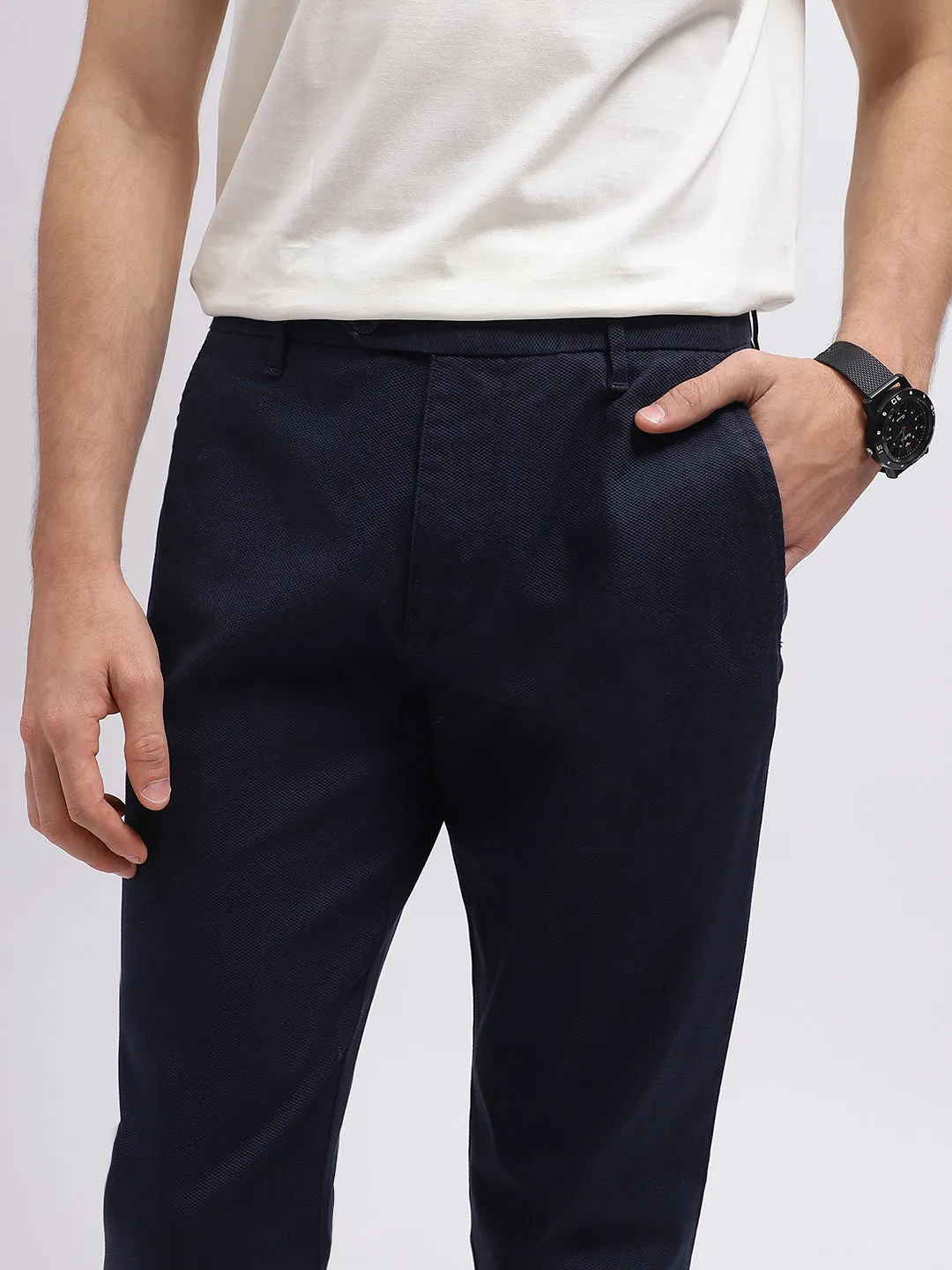 Iconic Men Navy Blue Solid Regular Fit Mid-Rise Trouser