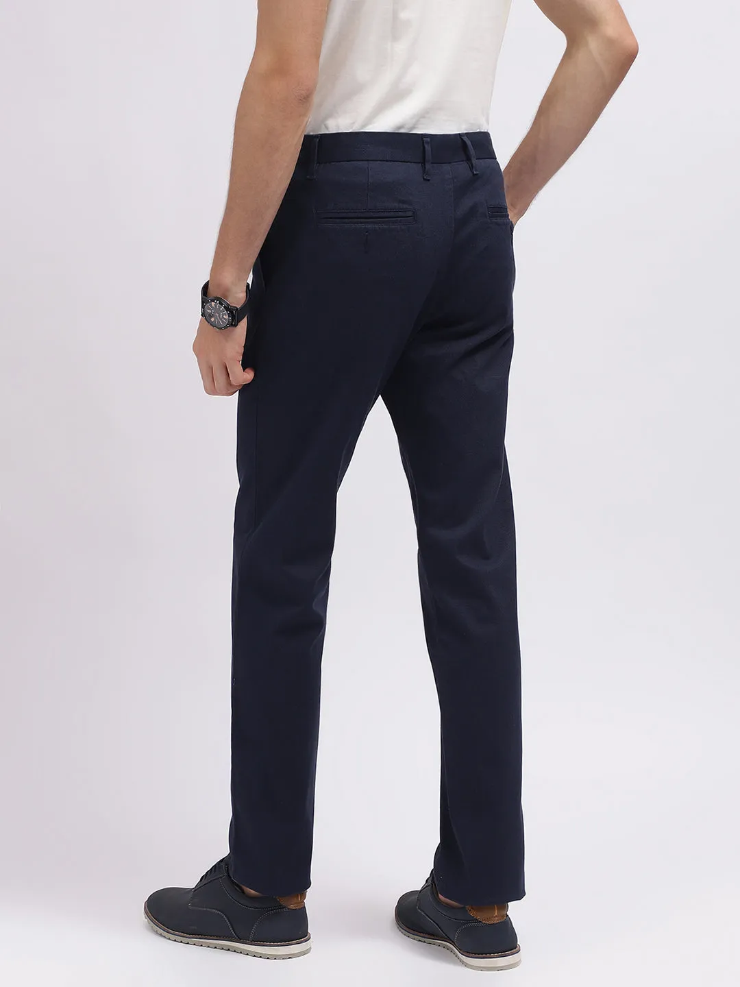 Iconic Men Navy Blue Solid Regular Fit Mid-Rise Trouser