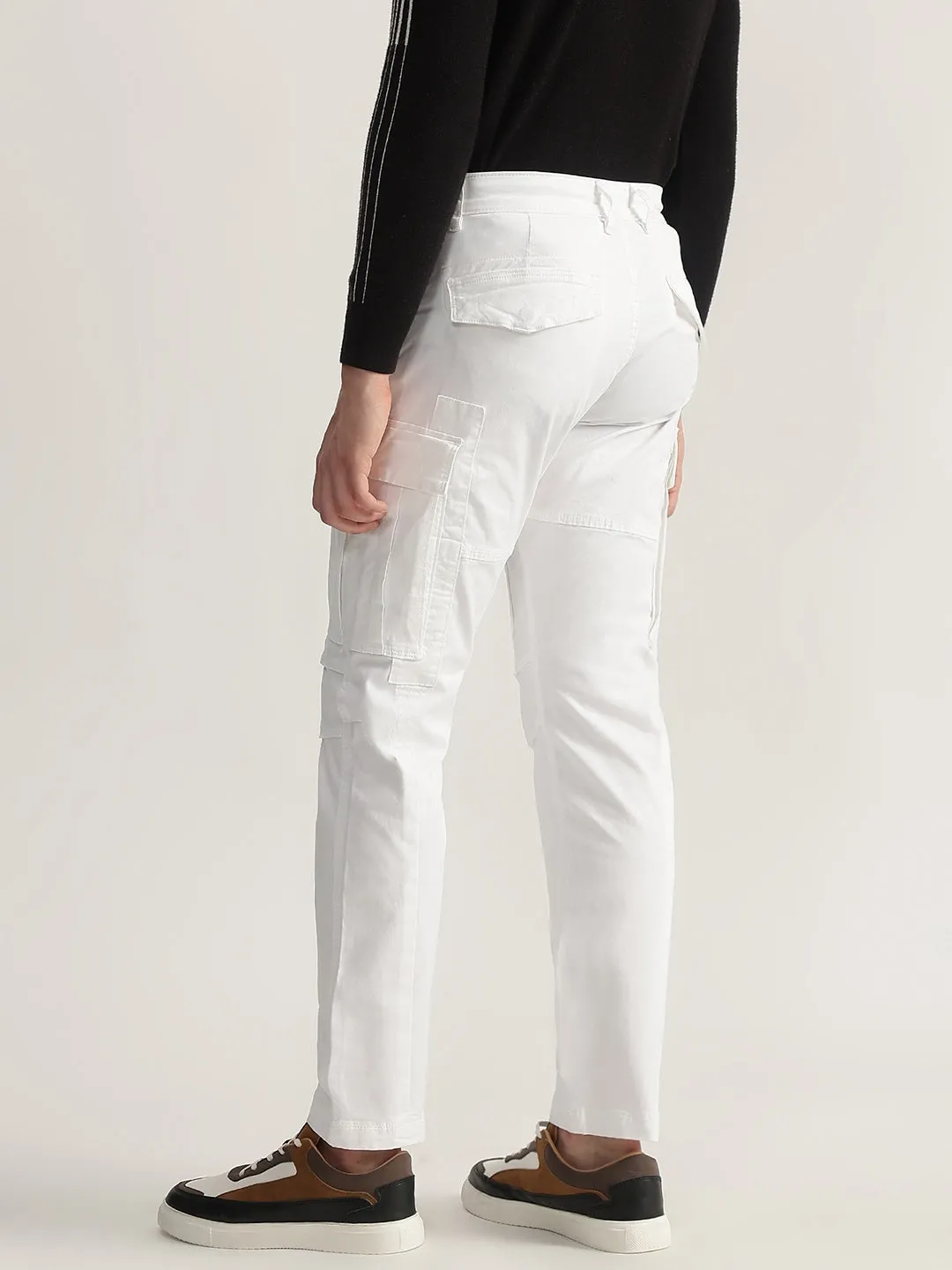 Iconic Men White Solid Regular Fit Cargo Trouser