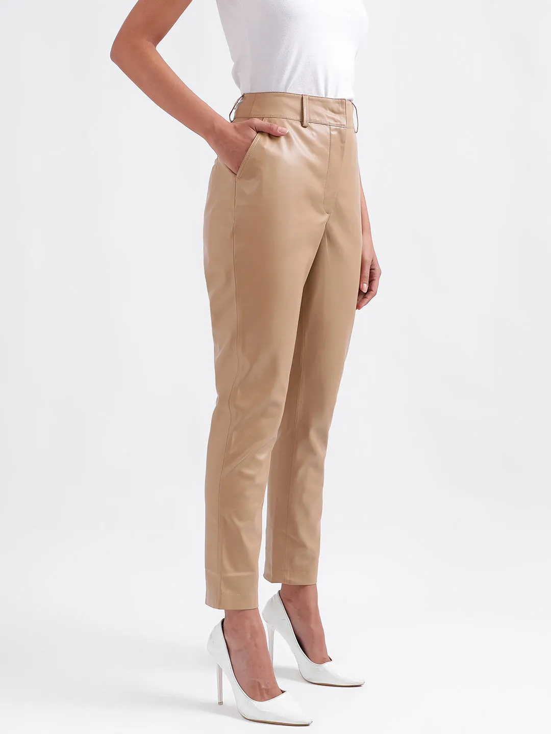 Iconic Women Beige Solid Regular Fit Trouser