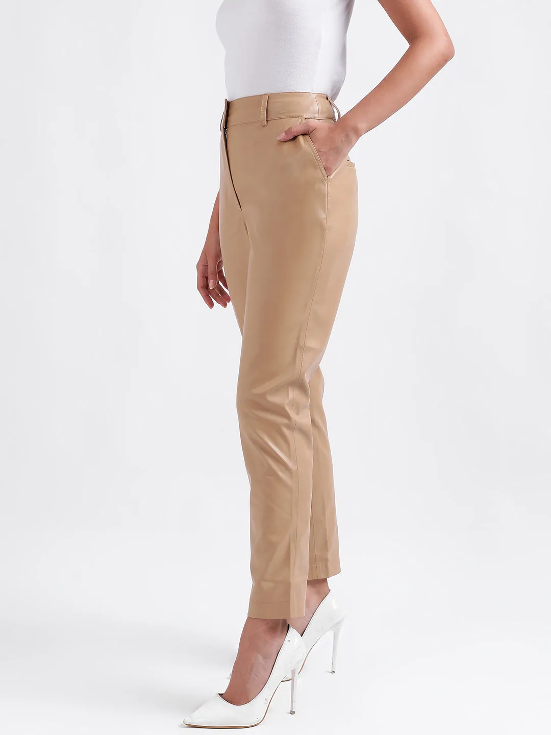 Iconic Women Beige Solid Regular Fit Trouser