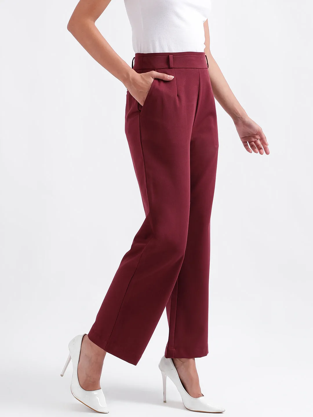 Iconic Women Maroon Solid Regular Fit Trouser