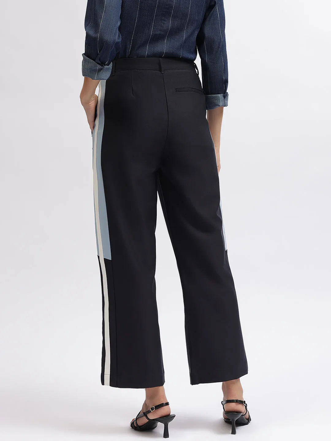 Iconic Women Navy Blue Color-Blocked Regular Fit Trouser