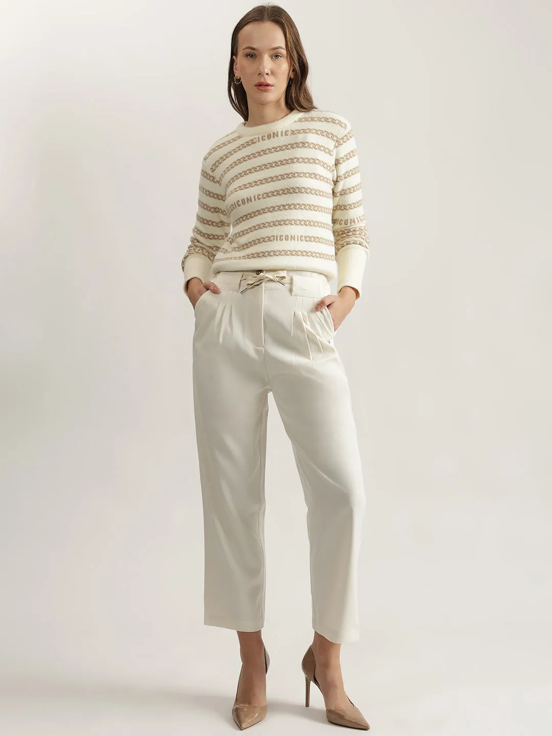 Iconic Women Off White Solid Regular Fit Double-Pleated Trouser