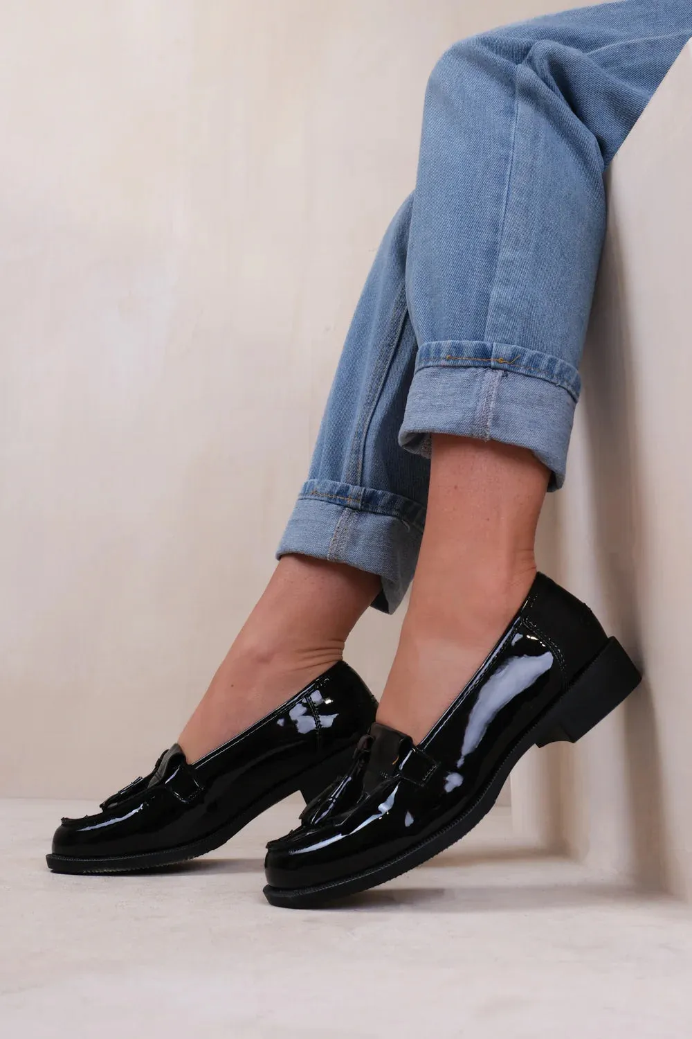 IMOGEN EXTRA WIDE FIT FLATFORM SLIP ON LOAFERS SHOES WITH TASSLE IN BLACK PATENT