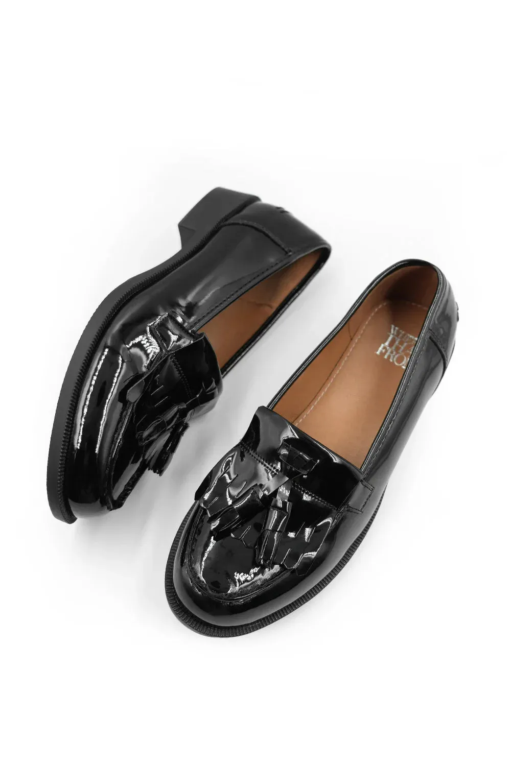 IMOGEN EXTRA WIDE FIT FLATFORM SLIP ON LOAFERS SHOES WITH TASSLE IN BLACK PATENT