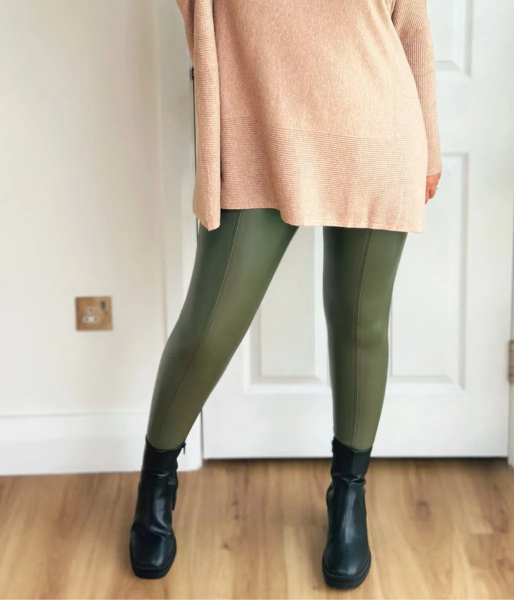 Khaki Leather Look Leggings