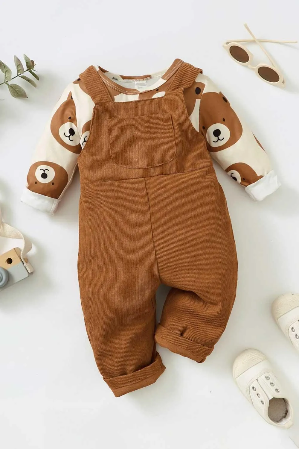 KIDS BEAR PRINT TOP AND OVERALL SET