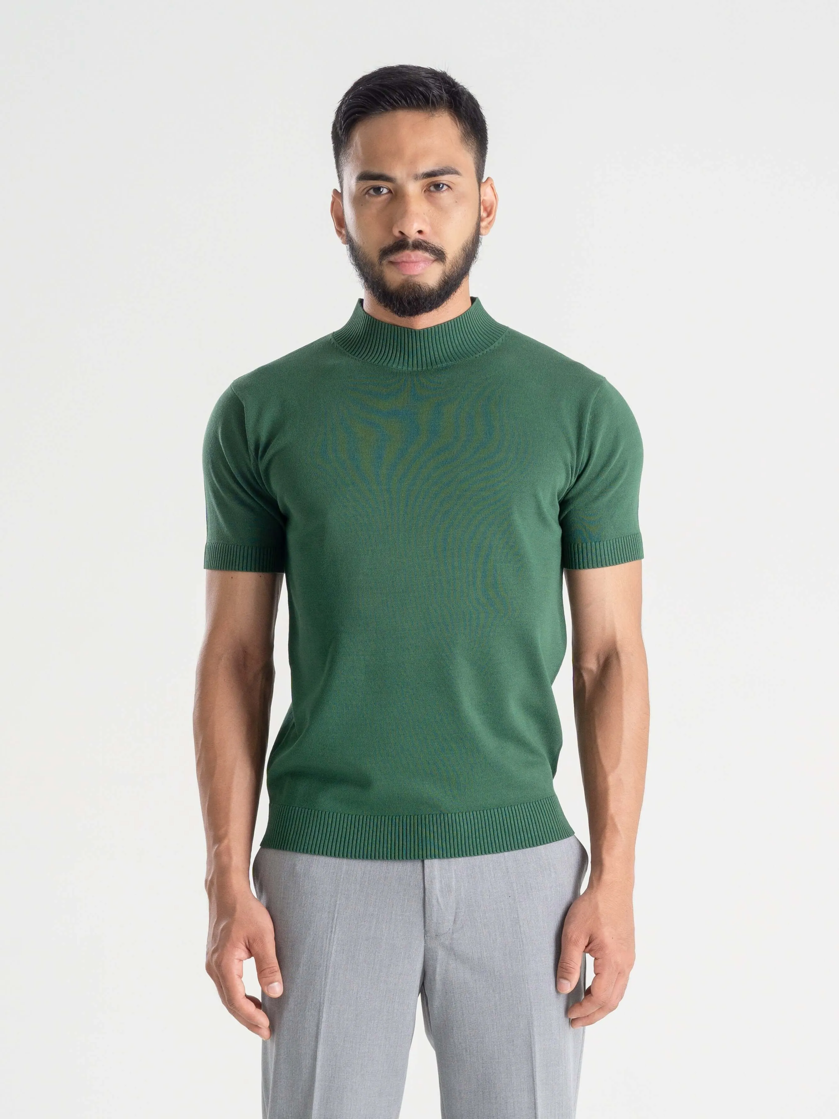 Knit Tee Ribbed Collar - Emerald Green