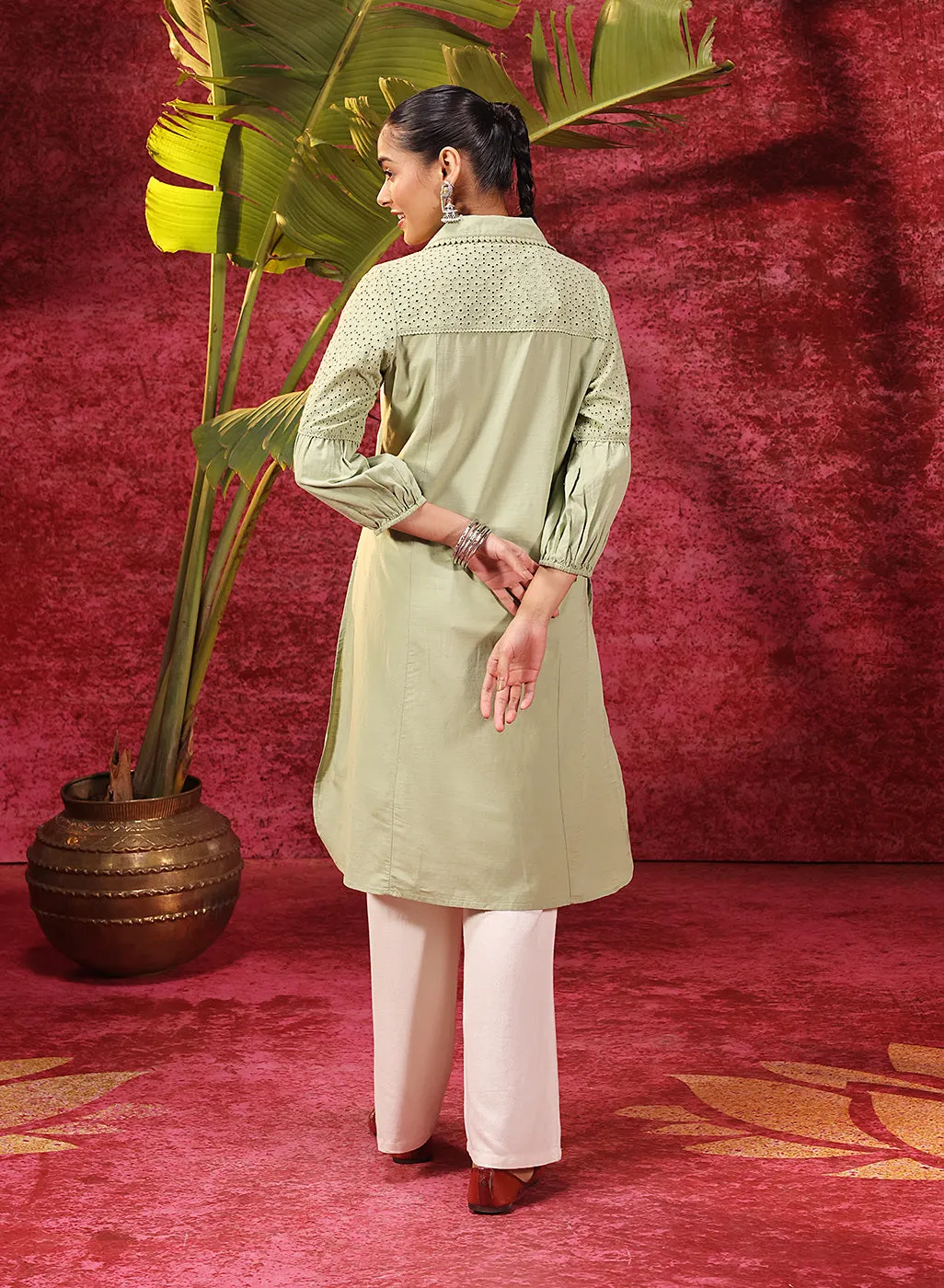 Kyla Basil Green Embroidered Cotton Linen Tunic for Women