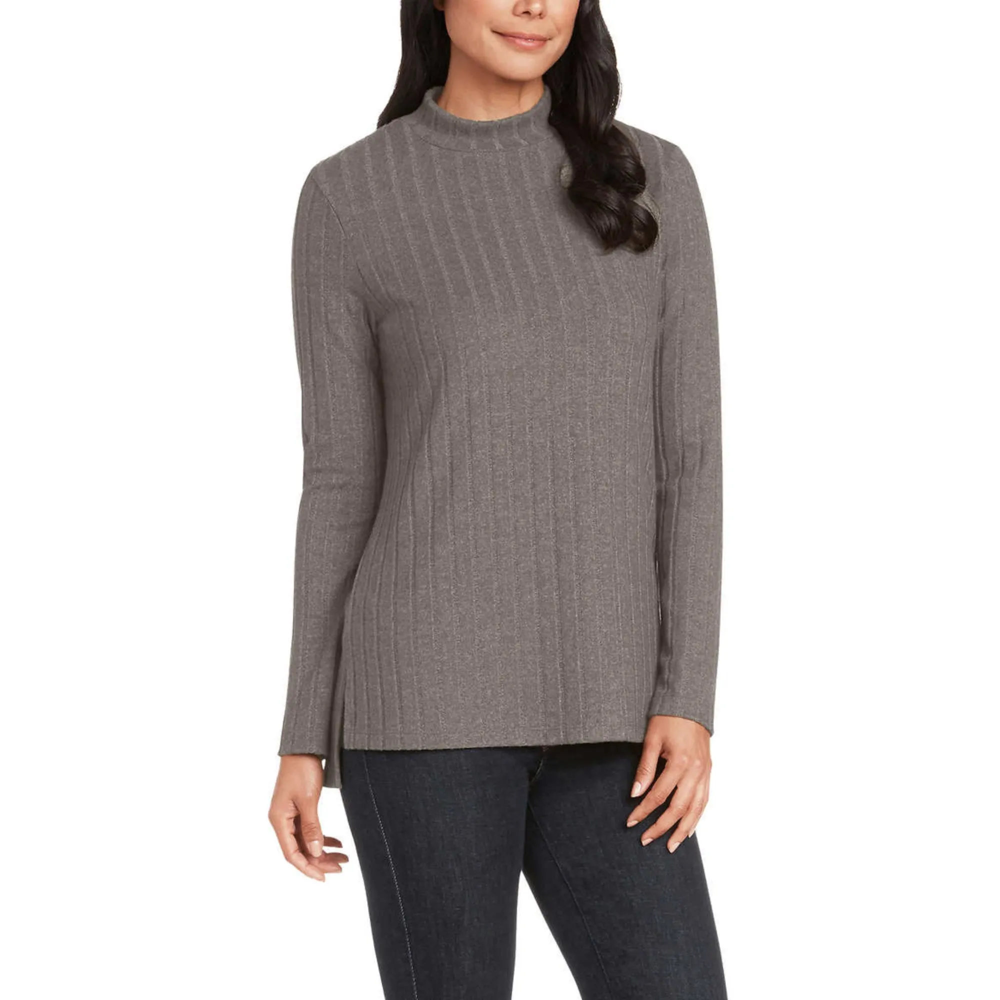 Matty M Women's Mock Neck Brushed Ribbed Knit Sweater Tunic Top