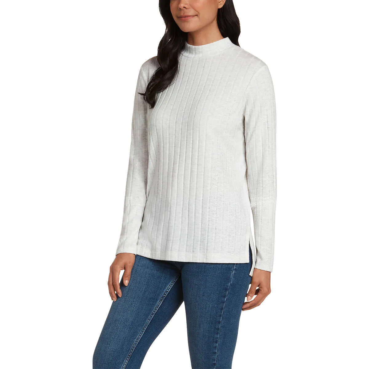 Matty M Women's Mock Neck Brushed Ribbed Knit Sweater Tunic Top