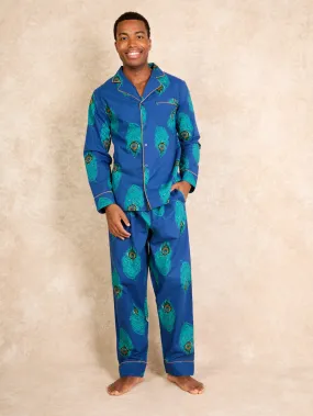 Mens Cotton Traditional Pyjamas, Navy Peacock