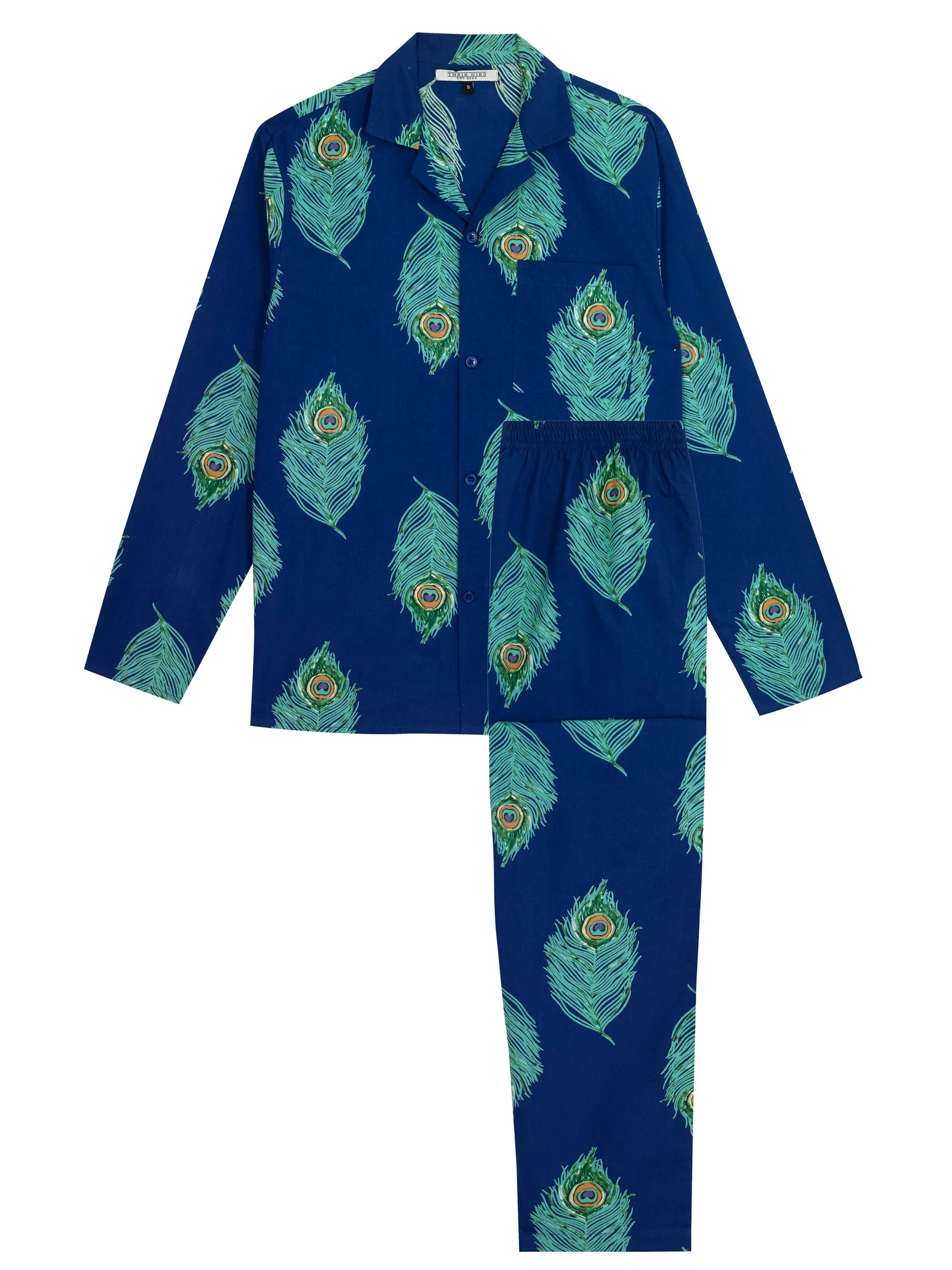 Mens Cotton Traditional Pyjamas, Navy Peacock