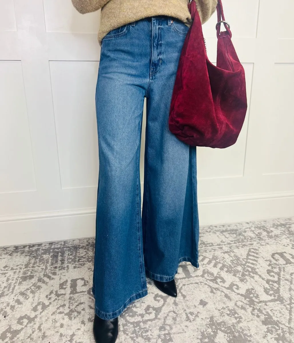 Mid Blue Lyocell Blend Palazzo Leg Jeans