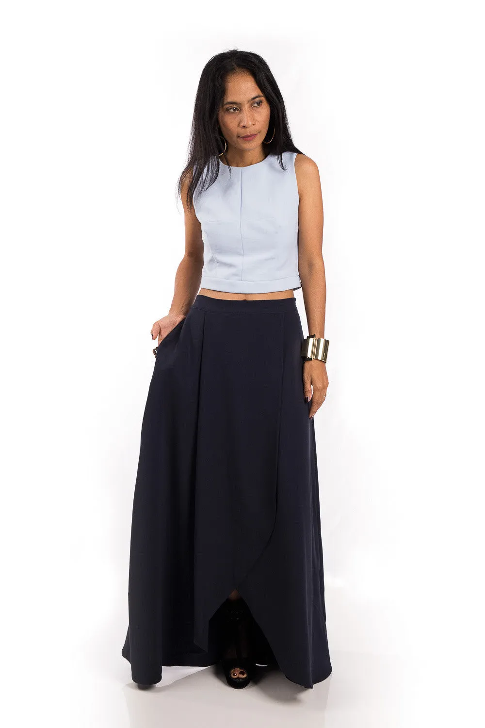 Navy Blue Skirt,  Split Skirt, Long Blue Skirt