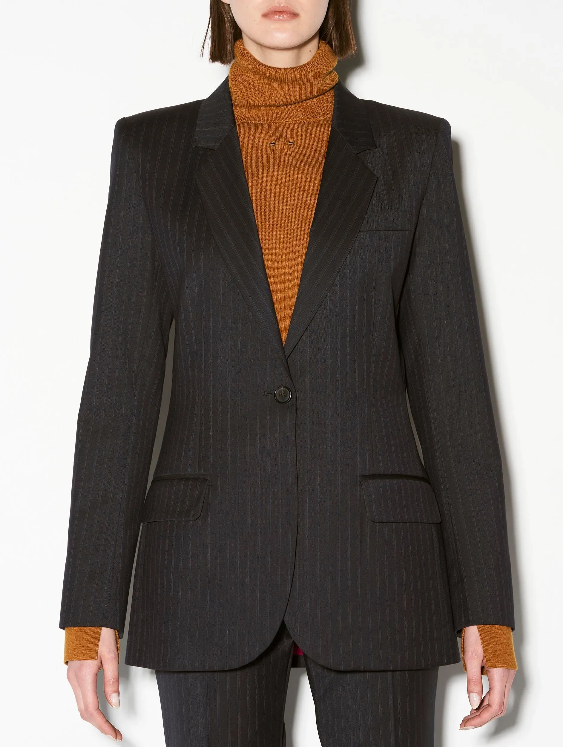 Navy striped stretch wool suit jacket