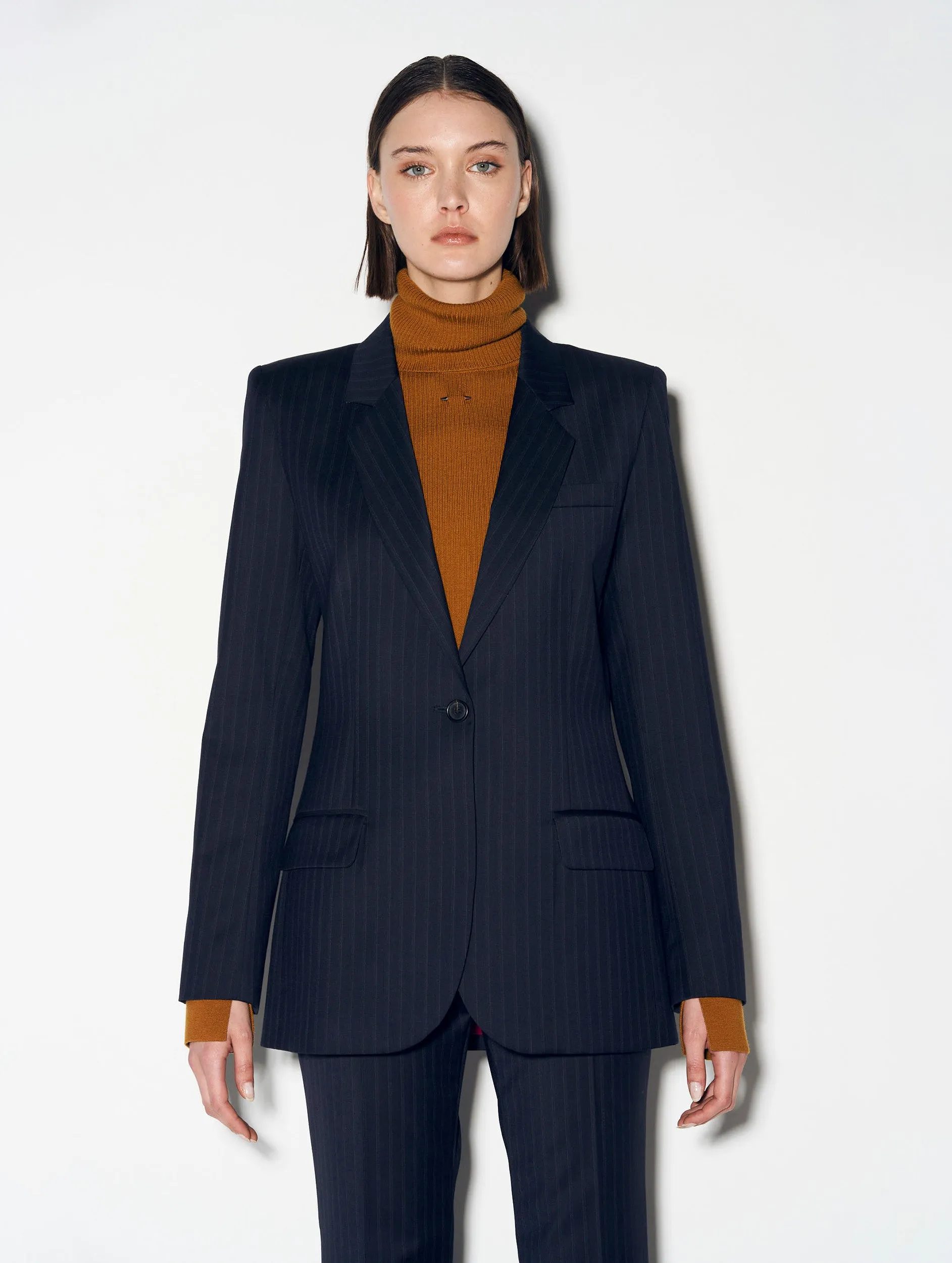 Navy striped stretch wool suit jacket