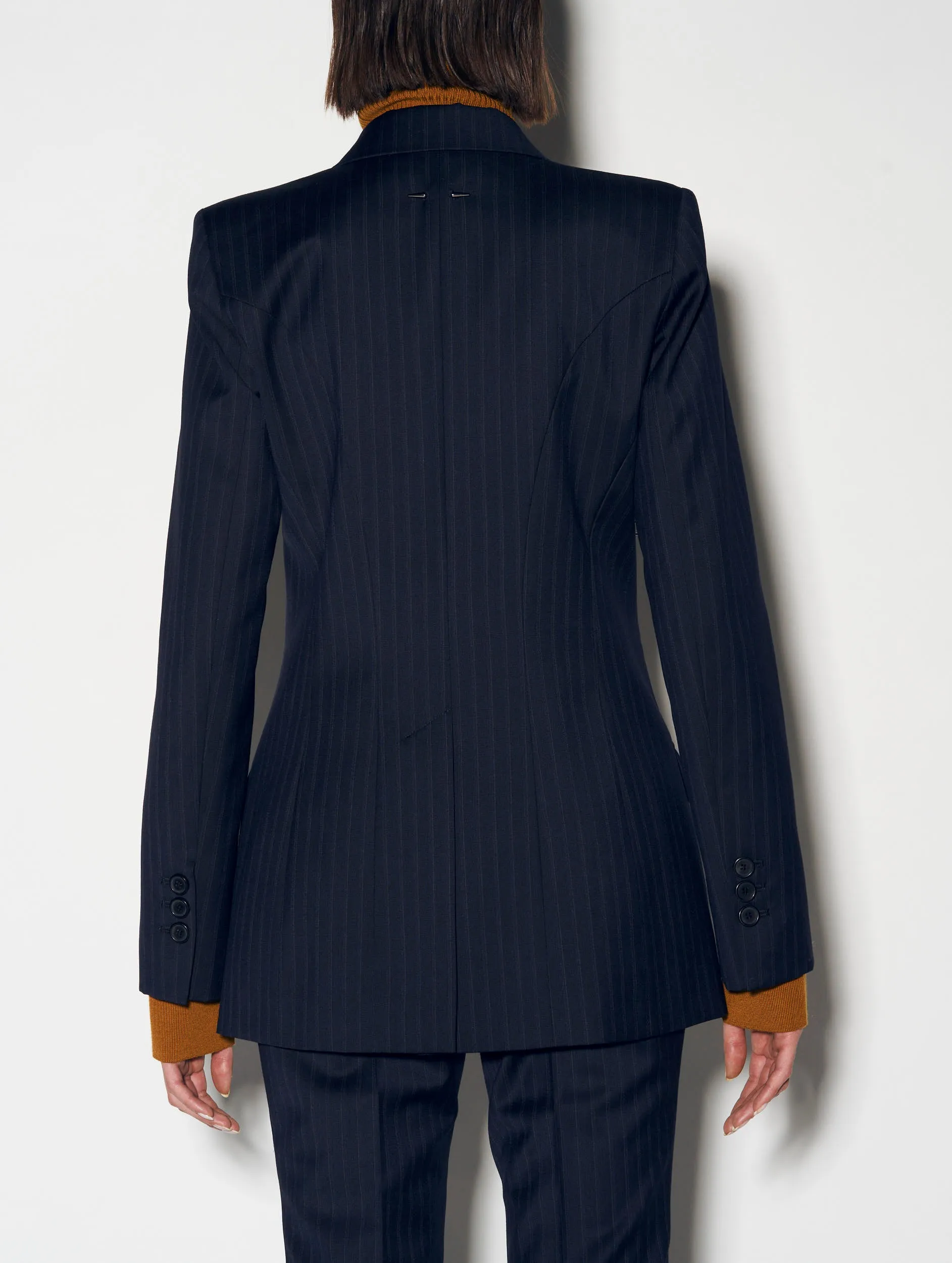 Navy striped stretch wool suit jacket