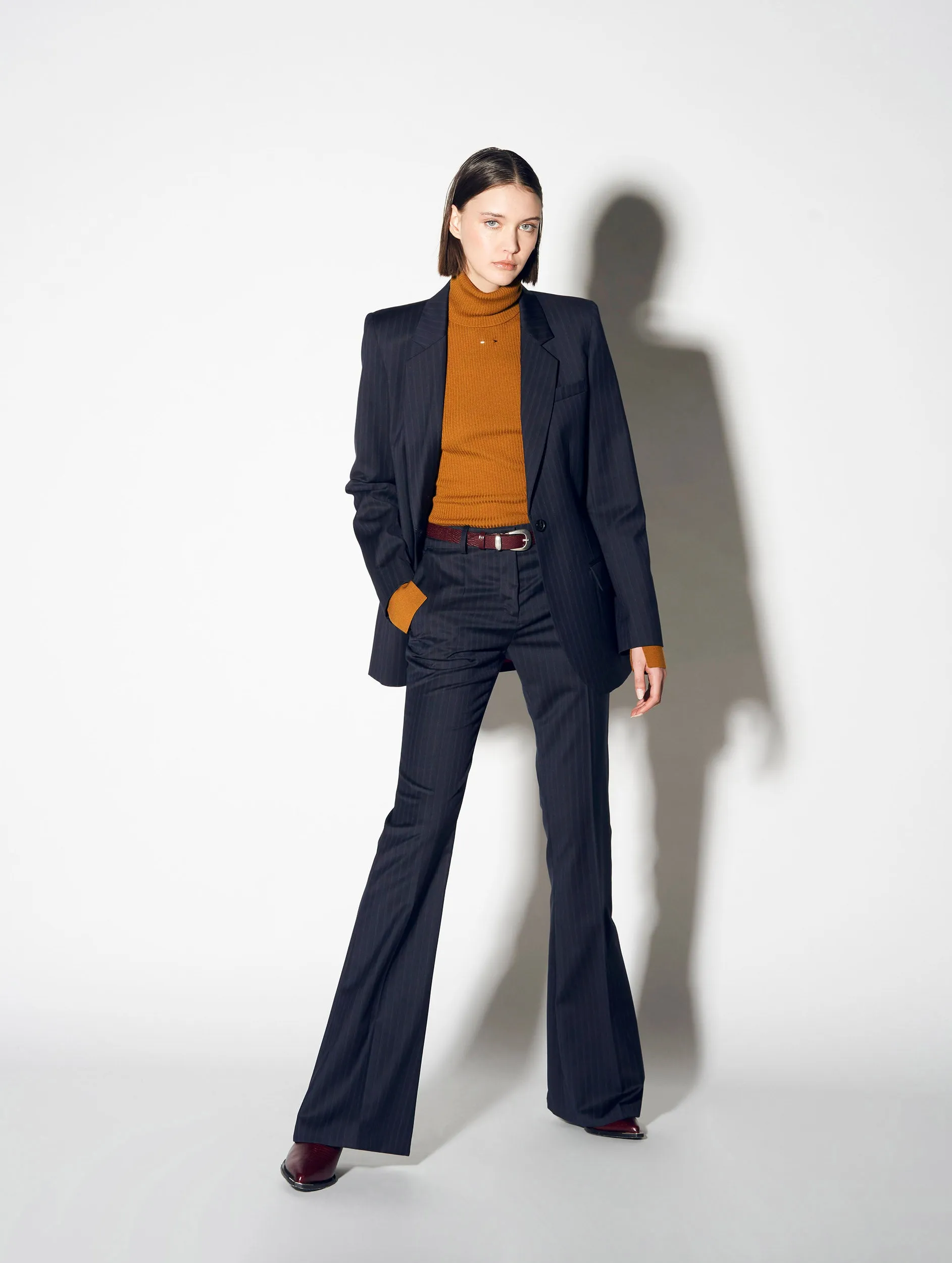 Navy striped wool flared suit trousers