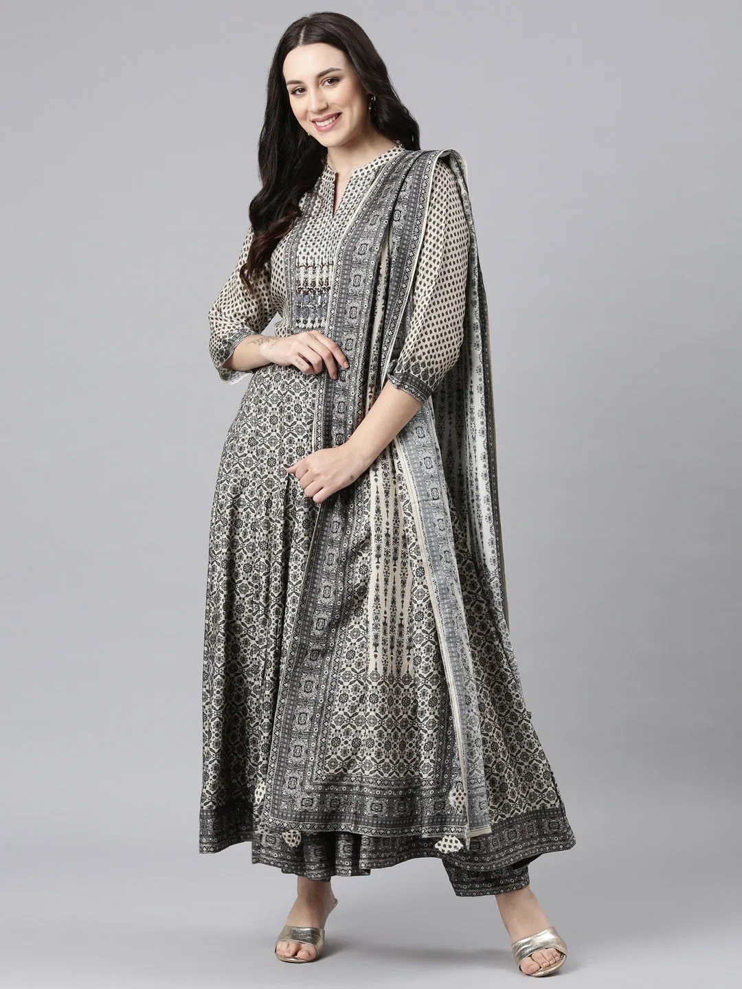 Neerus Black Regular Anarkali Kurta and Trousers With Dupatta