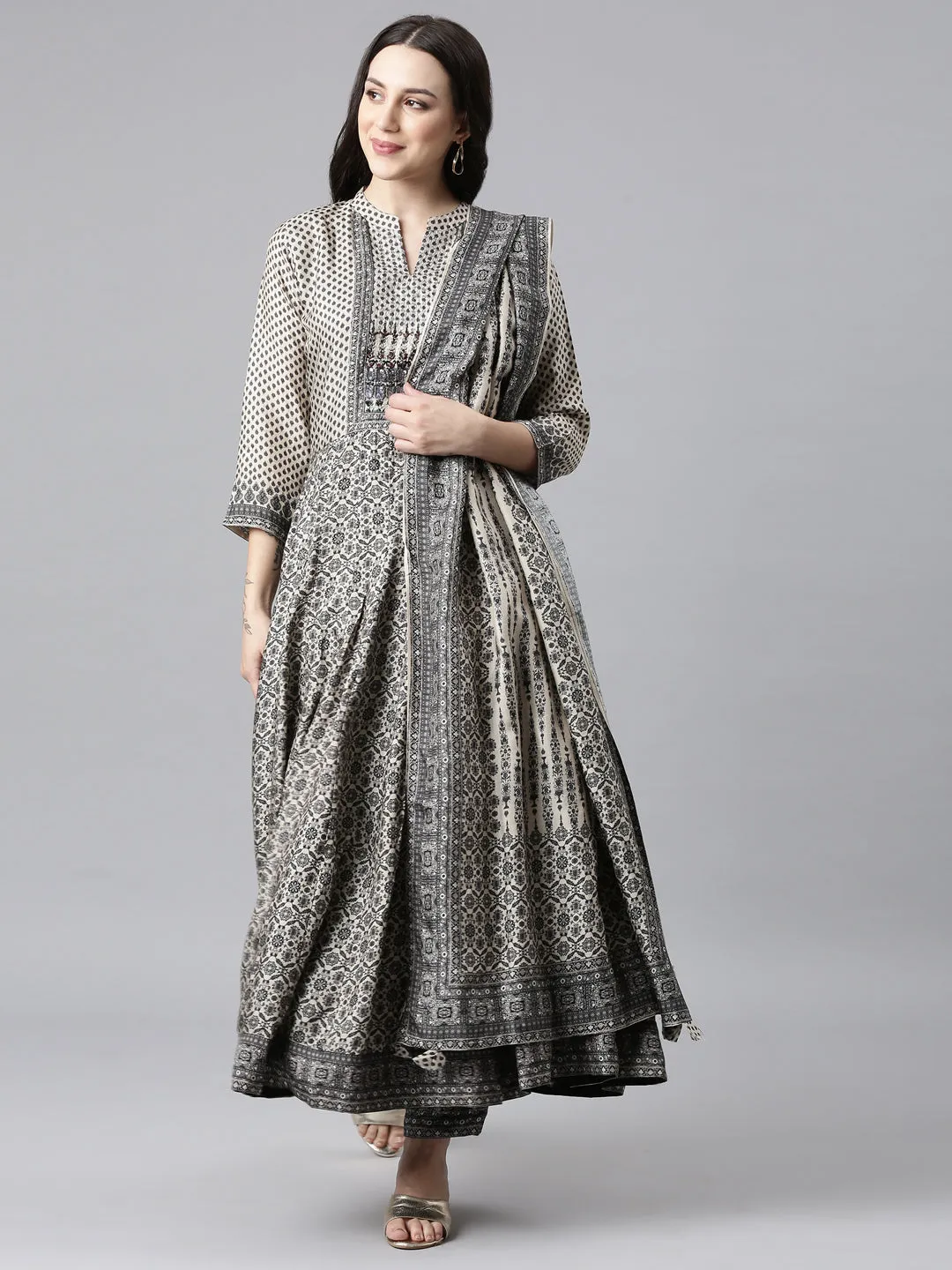 Neerus Black Regular Anarkali Kurta and Trousers With Dupatta