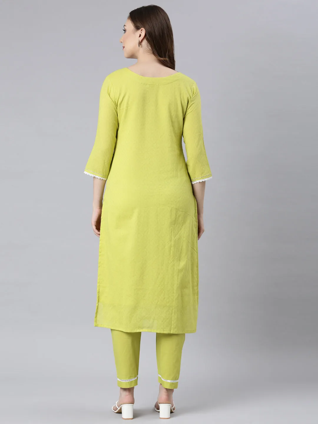 Neerus Lime Panelled Straight Ethnic Motifs Kurta And Trousers