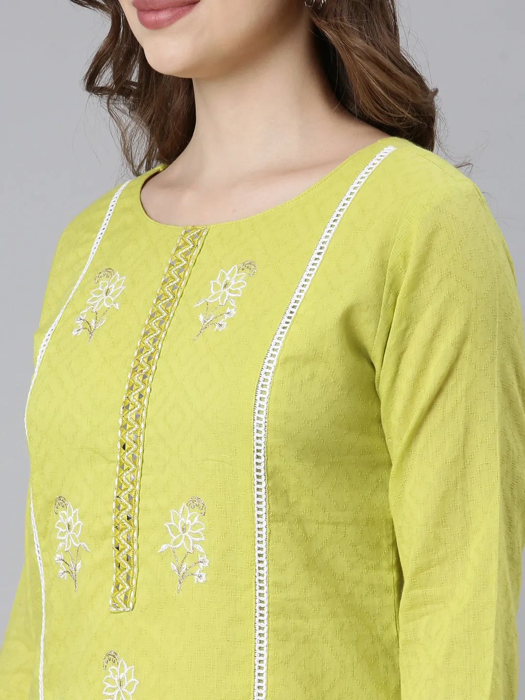 Neerus Lime Panelled Straight Ethnic Motifs Kurta And Trousers