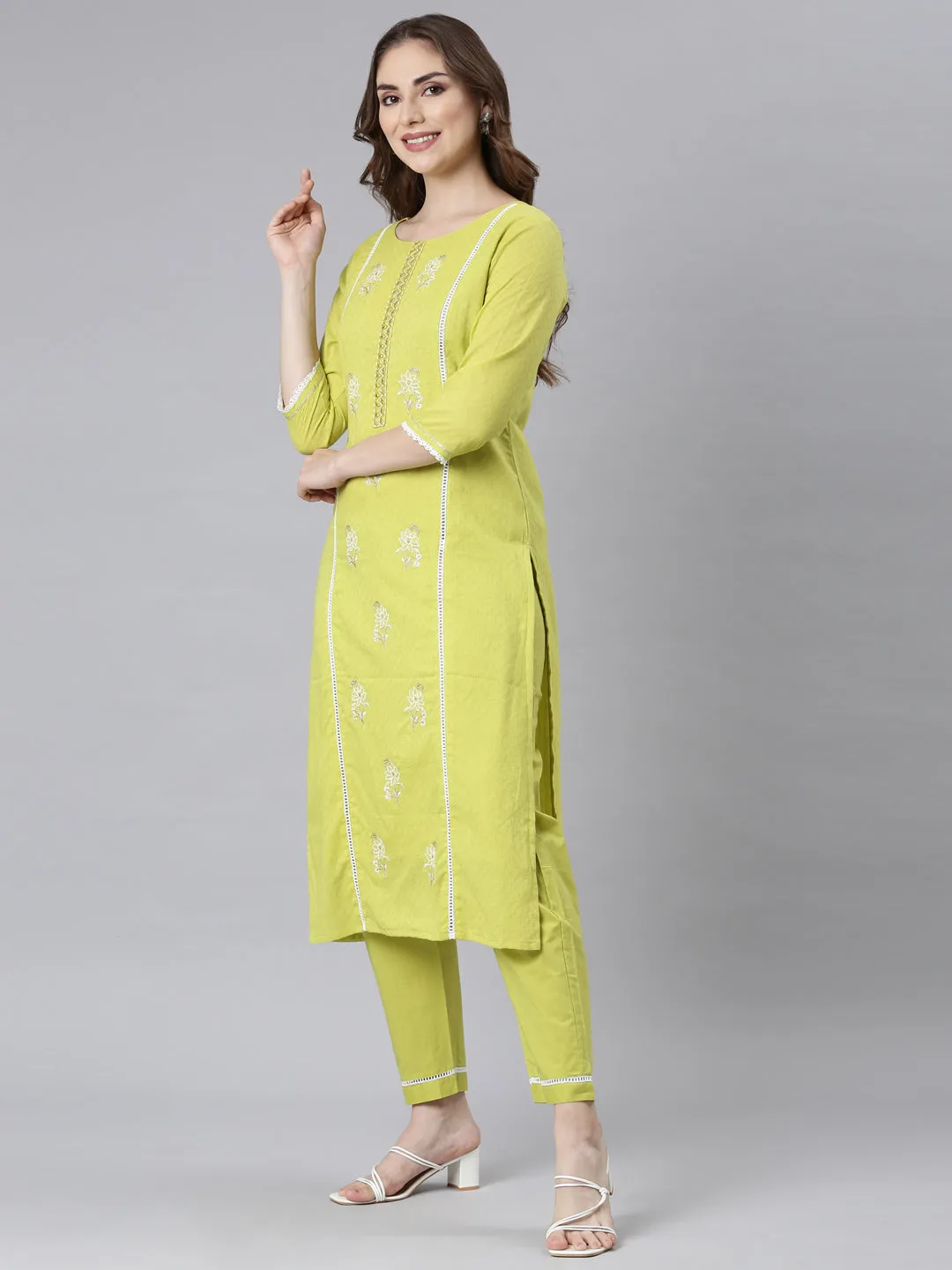 Neerus Lime Panelled Straight Ethnic Motifs Kurta And Trousers