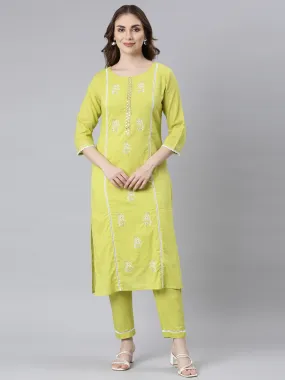 Neerus Lime Panelled Straight Ethnic Motifs Kurta And Trousers