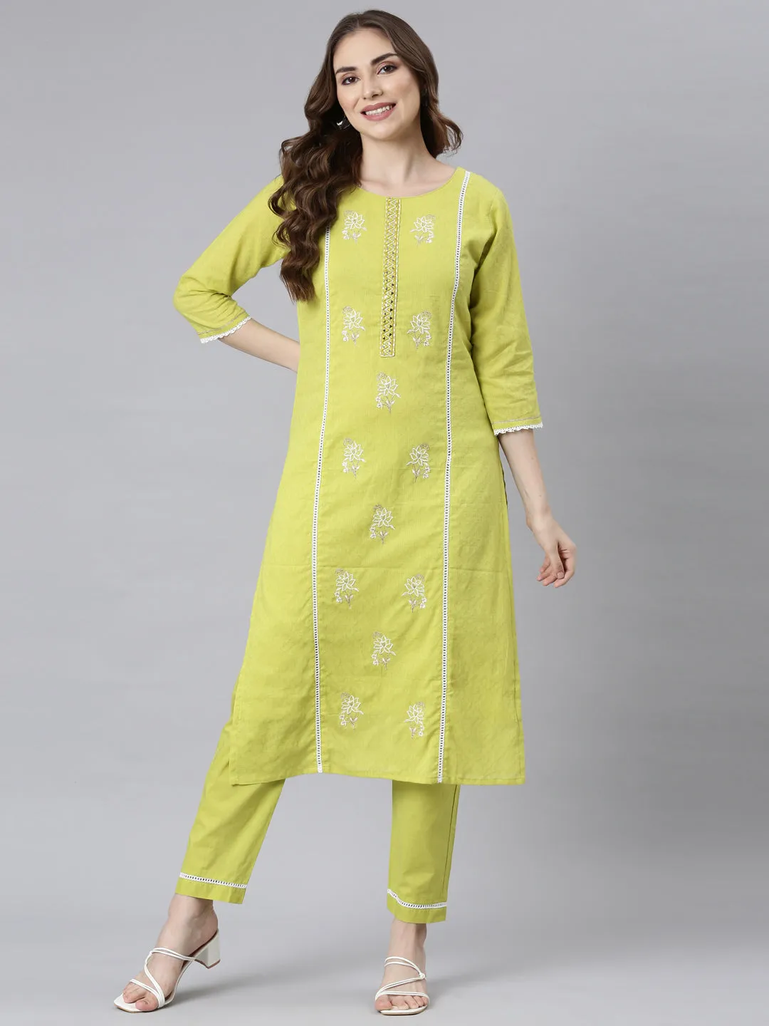 Neerus Lime Panelled Straight Ethnic Motifs Kurta And Trousers