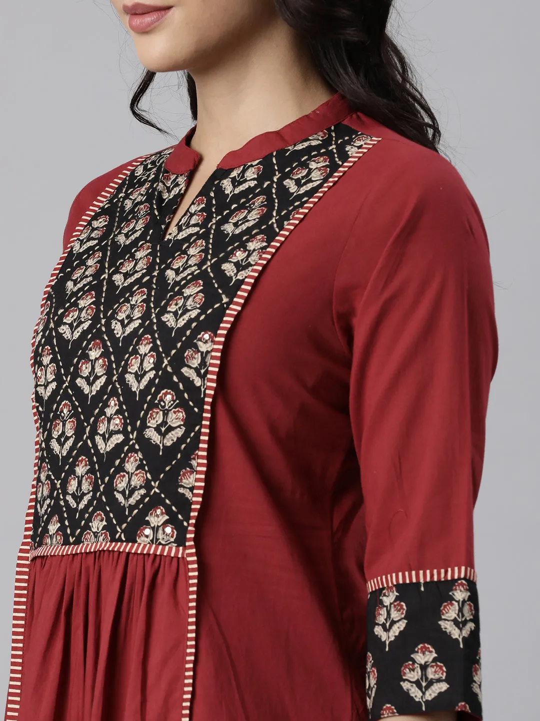 Neerus Maroon Panelled Printed Kurta And Trousers