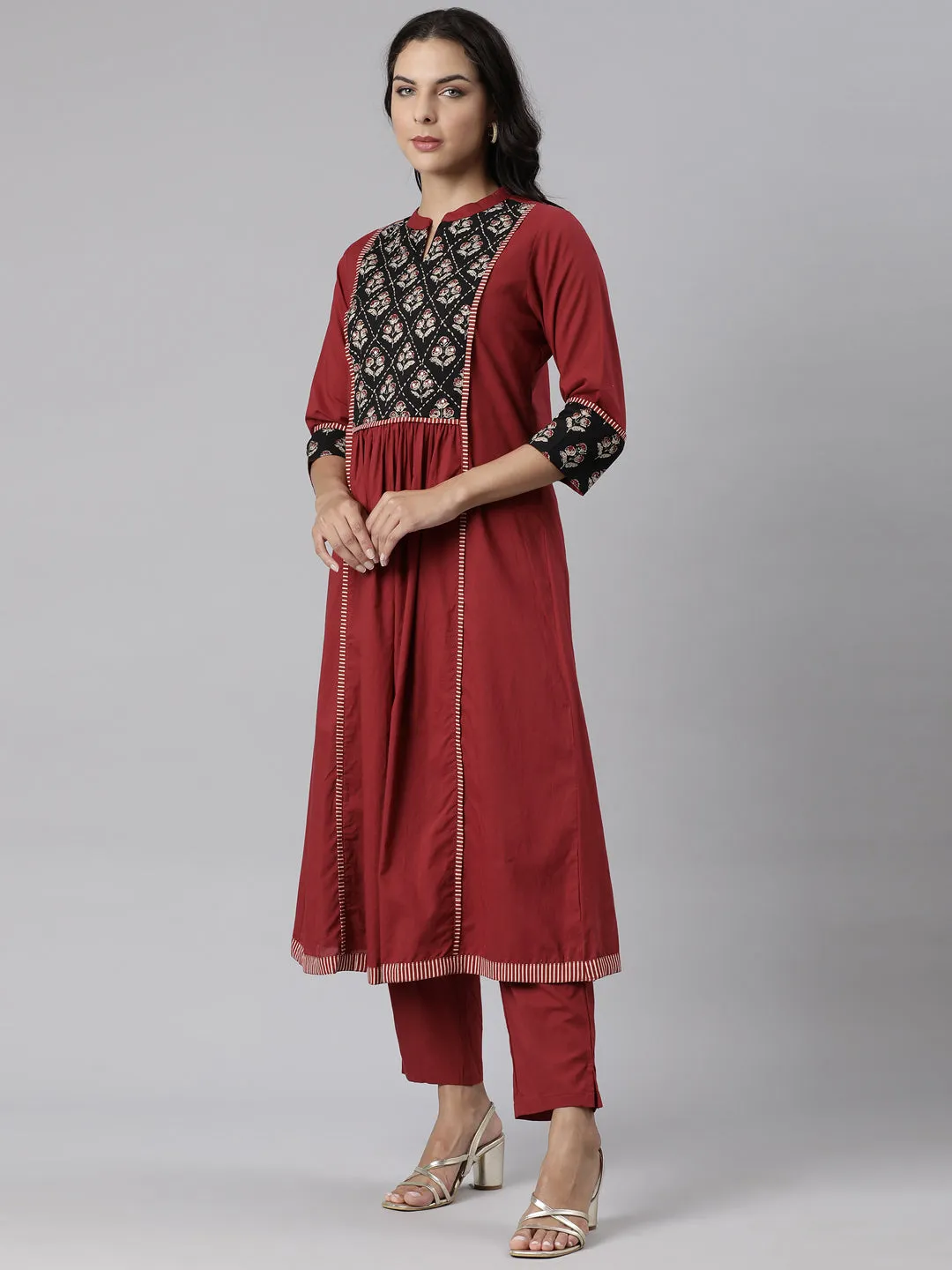 Neerus Maroon Panelled Printed Kurta And Trousers