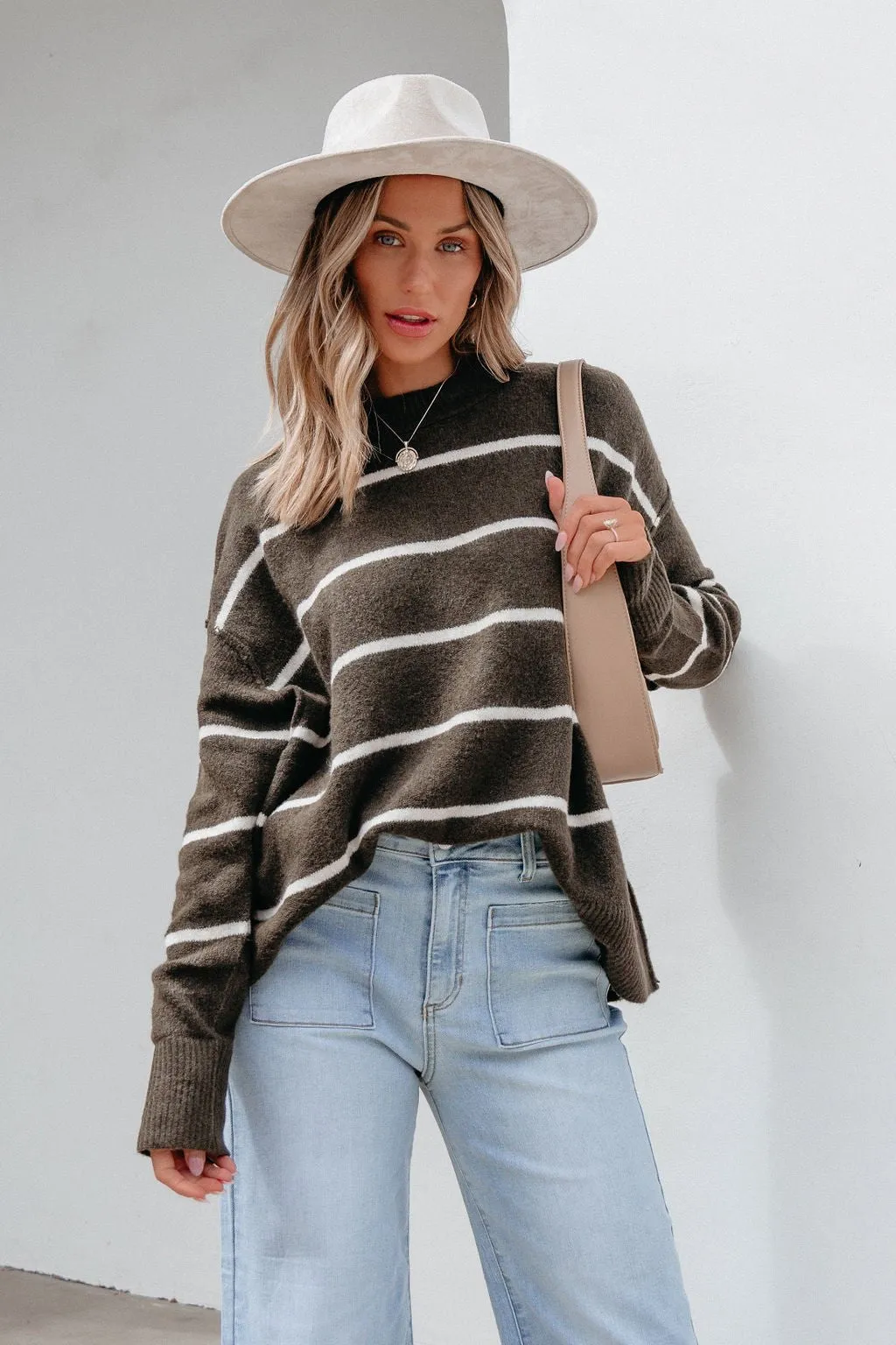 Next To Me Olive Striped Pullover Sweater