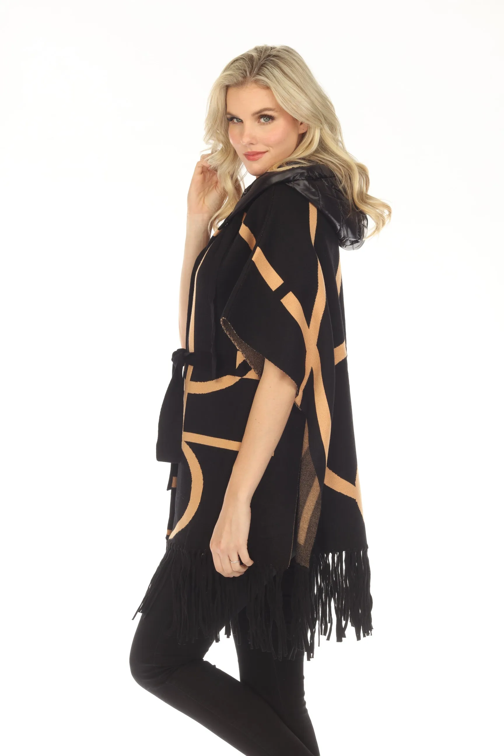 OO LA LA Black Contrast Trim Fringe Belted Hooded Poncho M7053