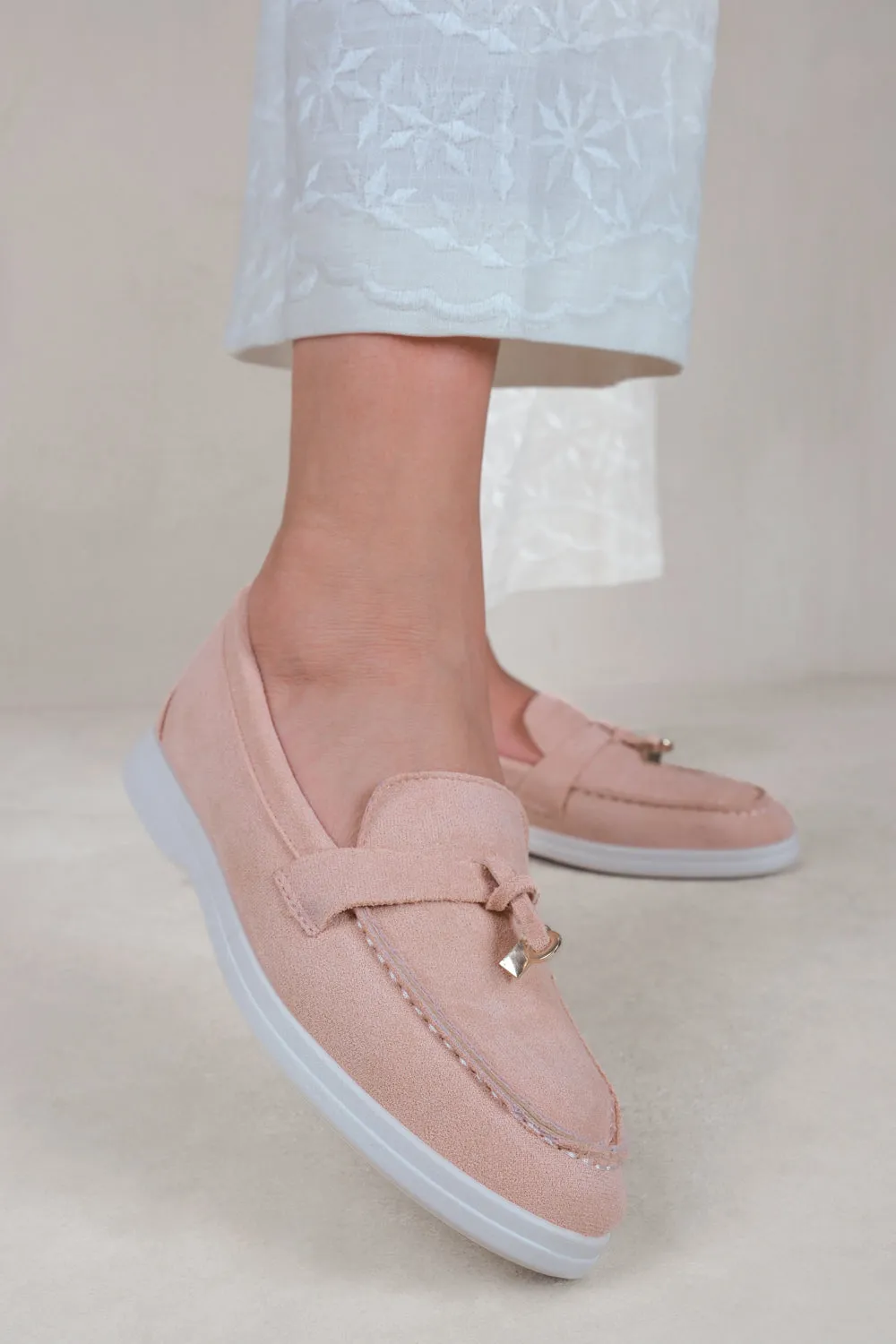 PEGASUS SLIP ON TRIM LOAFERS WITH ACCESSORY DETAILING IN PINK SUEDE