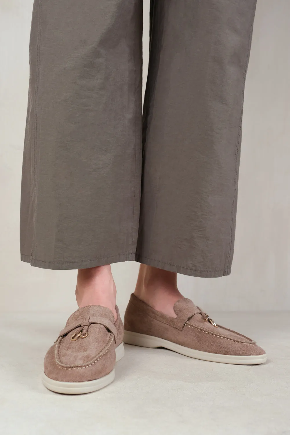 PEGASUS WIDE FIT SLIP ON TRIM LOAFERS WITH ACCESSORY DETAILING IN KHAKI SUEDE