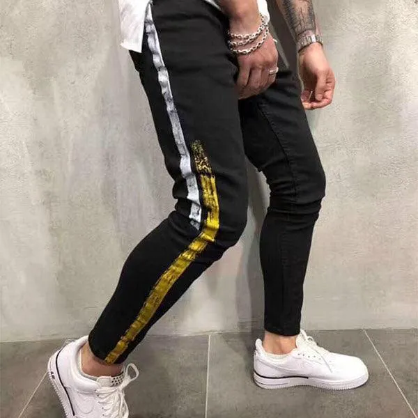 Philipp Plein distressed Black White Yellow Side Stripped Jeans Trouser